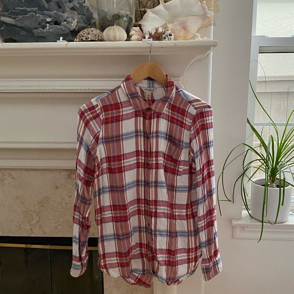 Lucky Brand plaid button down shirt white red size Small EUC